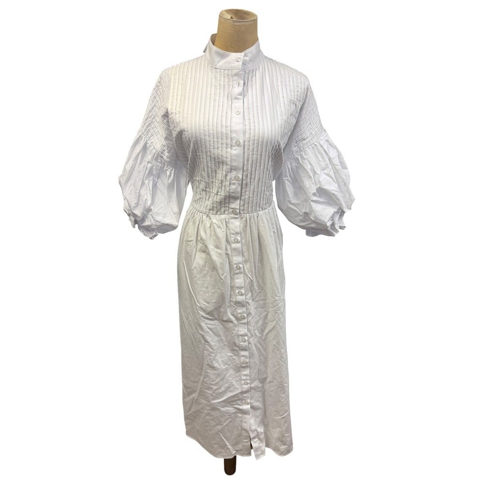 Marielle Almelo White Phoebe Pintuck Smocked Puff Sleeve Midi Button Front Dress